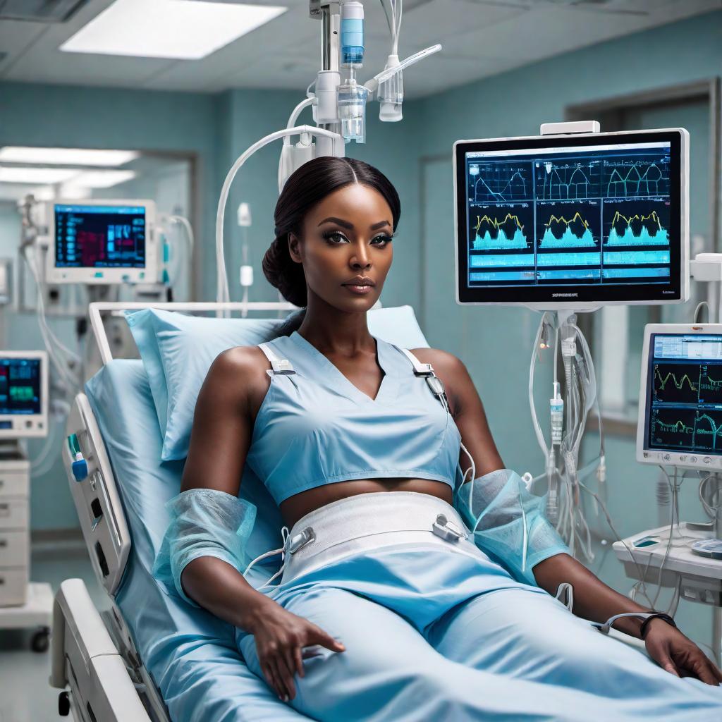  An image of a black woman with a serious illness connected to medical monitors in a hospital setting. The patient is lying in a hospital bed, with various monitoring devices attached to her, including an ECG, IV drip, and oxygen mask. The room is equipped with medical equipment, and a healthcare professional is present, ensuring the patient's comfort and checking the monitors. hyperrealistic, full body, detailed clothing, highly detailed, cinematic lighting, stunningly beautiful, intricate, sharp focus, f/1. 8, 85mm, (centered image composition), (professionally color graded), ((bright soft diffused light)), volumetric fog, trending on instagram, trending on tumblr, HDR 4K, 8K