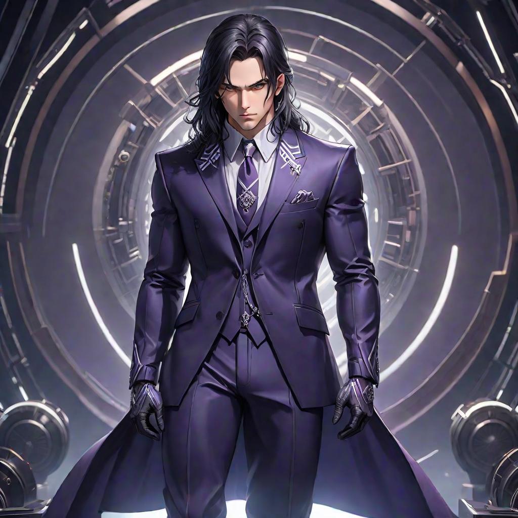  2D, line art, anime style, a male character, strong build, serious expression, dead look, too long dark purple hair, amber eyes, deep set eyes, very pale skin, black geometric patterns on the body, violet striped classic suit in futuristic tailoring, silver chain, brooch, gloves, digital space, cool color scheme hyperrealistic, full body, detailed clothing, highly detailed, cinematic lighting, stunningly beautiful, intricate, sharp focus, f/1. 8, 85mm, (centered image composition), (professionally color graded), ((bright soft diffused light)), volumetric fog, trending on instagram, trending on tumblr, HDR 4K, 8K