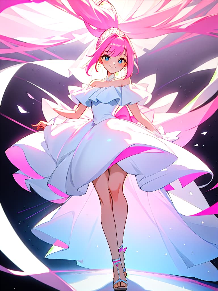  Beautiful , whole body image, woman, pink hair, ponytail, ribbon, wedding dress, A line, off shoulder, smiles, heel shoes, white dresses, toes, front, slender, slender, masterpiece, best quality,8k,ultra detailed,high resolution,an extremely delicate and beautiful,hyper detail