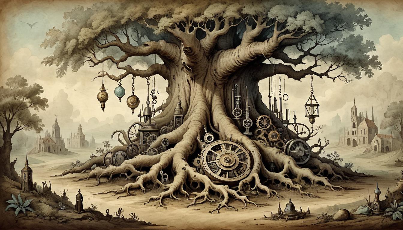  on parchment, surrealism+++, Ancient, tangled roots of an enormous tree, intertwined with old, crumbling scientific instruments, muted colors, somber, deep textures(mysterious, provocative, symbolic,muted color)+++