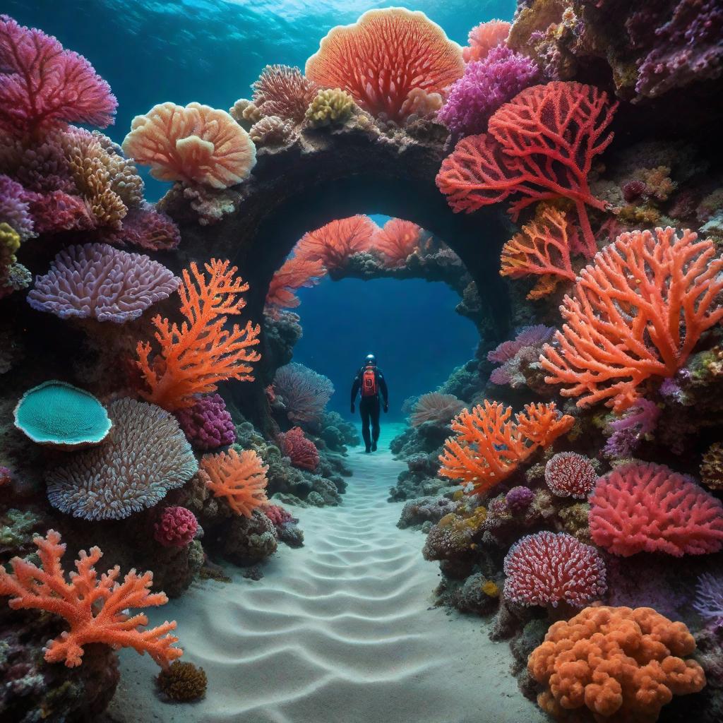  A glowing path with colorful sea coral, leading through a circular neon portal hyperrealistic, full body, detailed clothing, highly detailed, cinematic lighting, stunningly beautiful, intricate, sharp focus, f/1. 8, 85mm, (centered image composition), (professionally color graded), ((bright soft diffused light)), volumetric fog, trending on instagram, trending on tumblr, HDR 4K, 8K