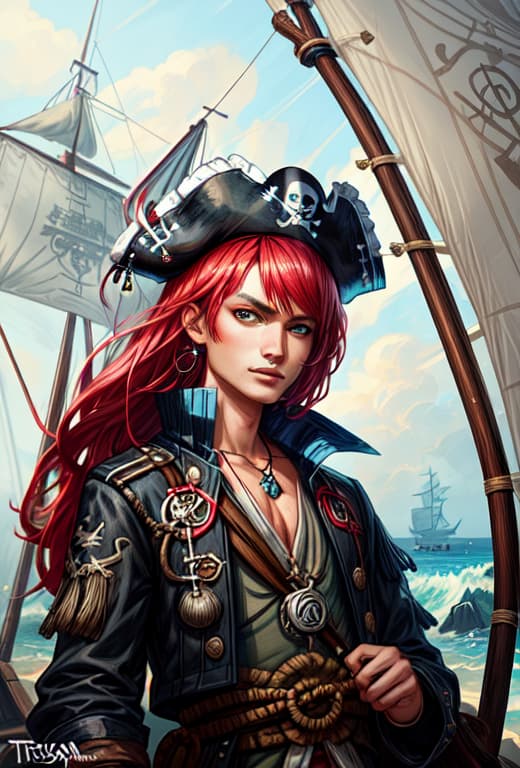  man pirate portrait , sails, fire, clothes made of rags, seaweed, pixar style by tristan eaton stanley artgerm and tom bagshaw