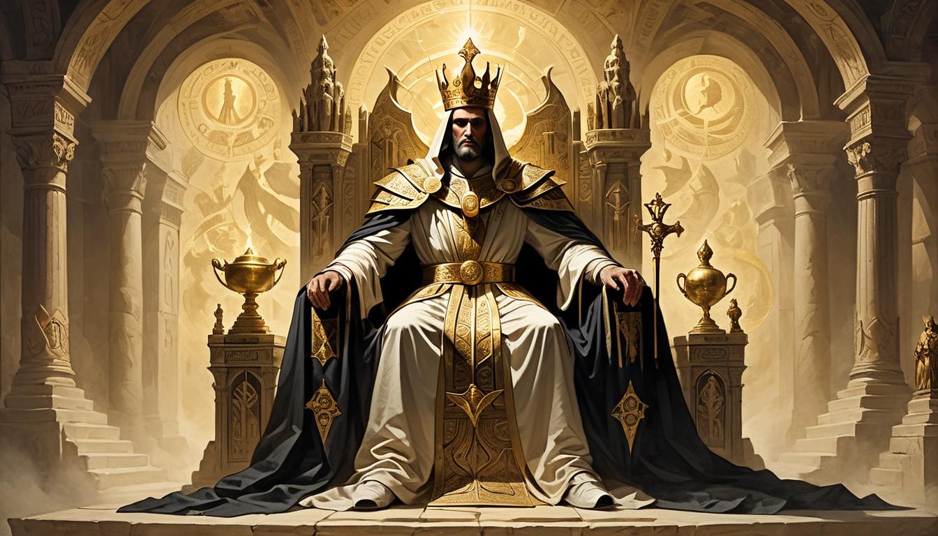  on parchment, surrealism+++, A majestic figure enthroned upon a radiant seat, beams of golden light emanating from their presence, ornate robes interwoven with symbols of power and ancient wisdom, shadowy figures bowing in reverence, stark contrast of light and dark, aura of authority, majestic, sovereign.(mysterious, provocative, symbolic,muted color)+++