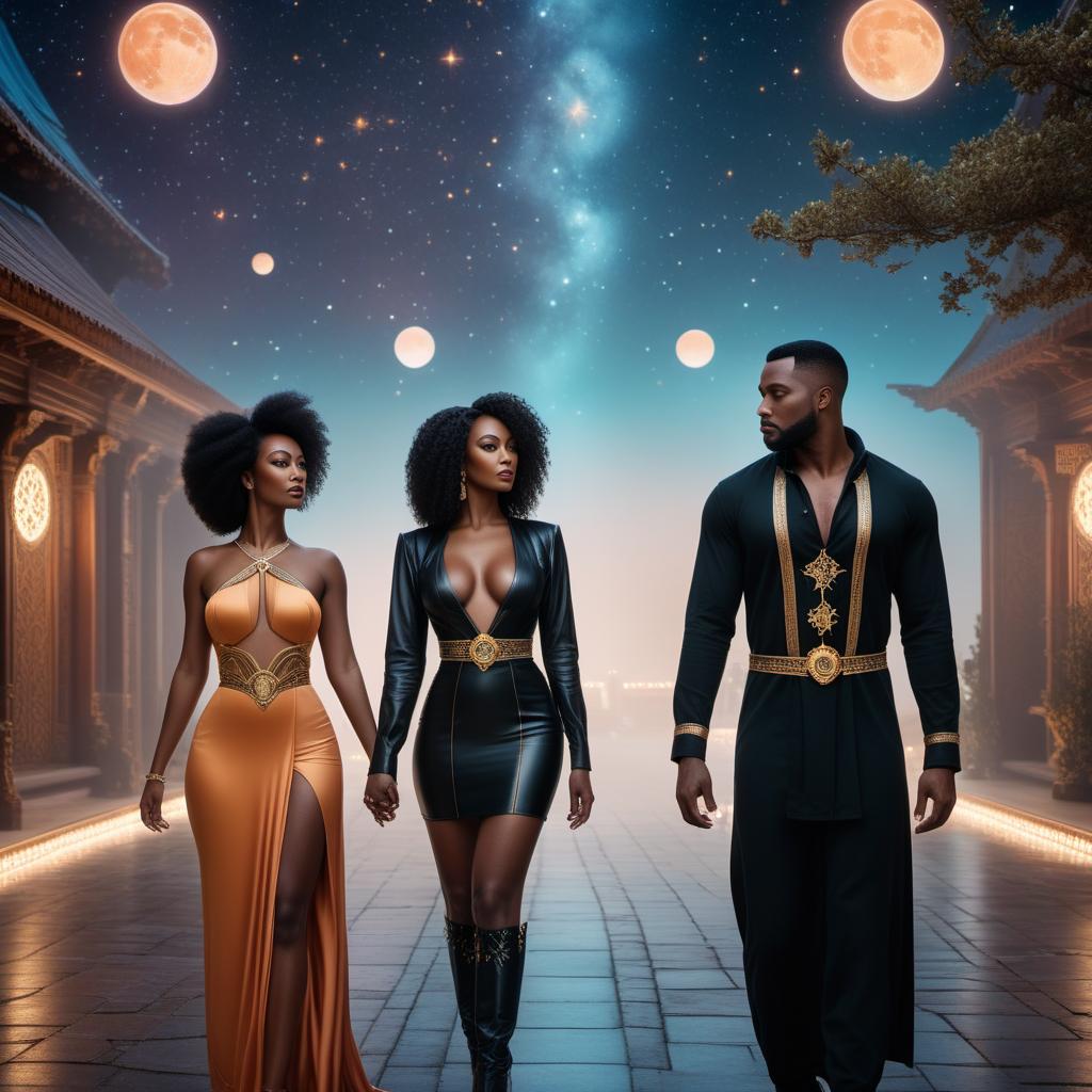  a black couple in a fantasy setting inspired by the Gemini zodiac, in a lofi art style. Scene includes hints of the Gemini symbol, stars, and celestial elements integrated into the scene. hyperrealistic, full body, detailed clothing, highly detailed, cinematic lighting, stunningly beautiful, intricate, sharp focus, f/1. 8, 85mm, (centered image composition), (professionally color graded), ((bright soft diffused light)), volumetric fog, trending on instagram, trending on tumblr, HDR 4K, 8K