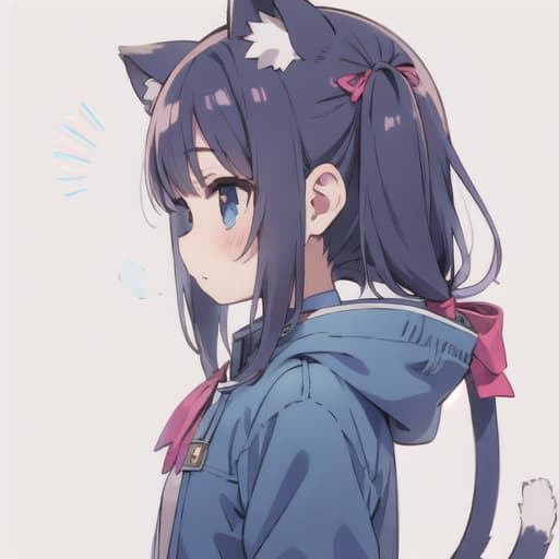  master piece , best quality,Profile Long twin tail hair, knobby hair, blue coat, long ribbon, cat ears