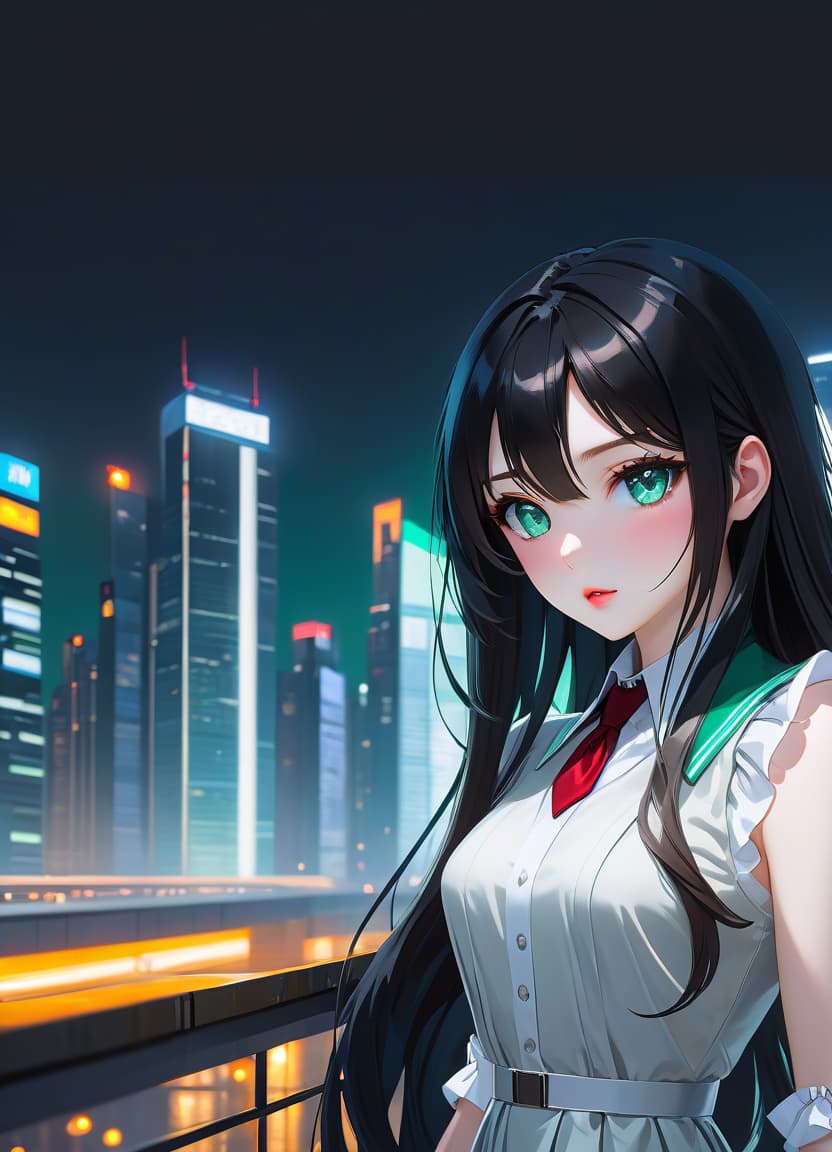  anime artwork beautiful , , white skinned, European, blue eyes, long brown straight hair, slender figure, small neat s, dressed in a black dress with a white collar and white cuffs, full length, against the backdrop of a modern city. Skyscrs of Moscow City (photorealism, oil painting: 1.3), (full length shot: 1.3), charming , long flowing black hair, (large sensual mouth: 1.2), plump lips, sparkling emerald eyes , narrow waist, (sensual drawing: 1.2), silvery glow, ethereal aura, detailed brushwork, intricate shadows and highlights, mysterious and captivating expression, unique color palette, masterful use of light and shadow, captivating atmosphere, pure emotion, intense gaze, dynamic composition. small hyperrealistic, full body, detailed clothing, highly detailed, cinematic lighting, stunningly beautiful, intricate, sharp focus, f/1. 8, 85mm, (centered image composition), (professionally color graded), ((bright soft diffused light)), volumetric fog, trending on instagram, trending on tumblr, HDR 4K, 8K