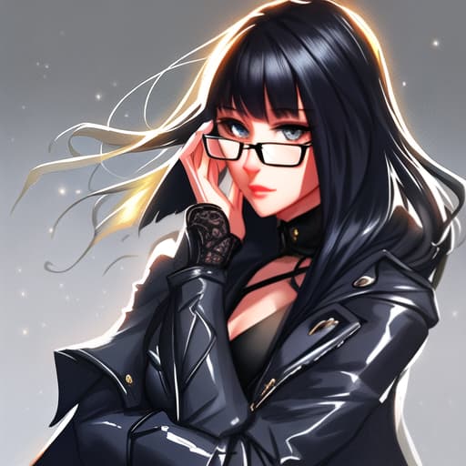  a cute girl, dark blue jacket, leaning her face on her hand, black hair, glasses. hyperrealistic, full body, detailed clothing, highly detailed, cinematic lighting, stunningly beautiful, intricate, sharp focus, f/1. 8, 85mm, (centered image composition), (professionally color graded), ((bright soft diffused light)), volumetric fog, trending on instagram, trending on tumblr, HDR 4K, 8K