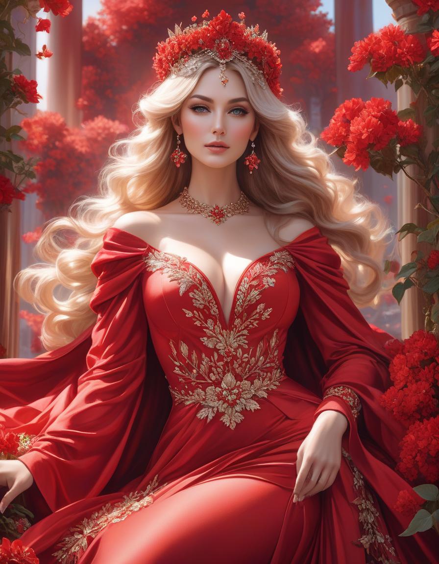  A stunning woman in a vibrant red dress adorned with delicate flowers in her hair, crowned with a regal red tiara, exuding elegance and grace inspired by Magali Villeneuve, fantasy art, karol bak uhd, artgerm, high detailed hyperrealistic, full body, detailed clothing, highly detailed, cinematic lighting, stunningly beautiful, intricate, sharp focus, f/1. 8, 85mm, (centered image composition), (professionally color graded), ((bright soft diffused light)), volumetric fog, trending on instagram, trending on tumblr, HDR 4K, 8K