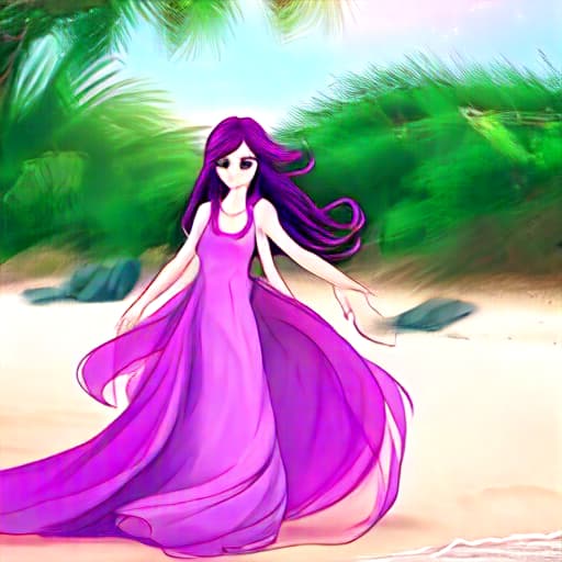  Girl on the beach with beautiful long purple hair, dreamy pink eyes, wearing a long flowing dress Ultra detail, elegant Happy