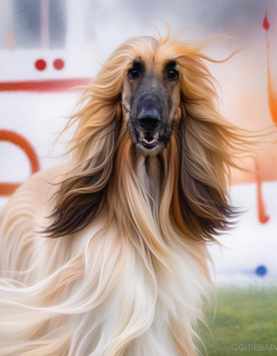  abstract expressionist painting Vibrant portrait of a beautiful afghan hound, expressive (very very small triangular eyes), flowing hair, intricate details, soft and elegant features, ethereal aura, whimsical elements, rich color palette, watercolor, colored ink, oil pastels, textured strokes, dreamlike quality, by Gabriel Pacheco, Michael Sowa, Bernard Kliban, high resolution, intricate patterns, captivating gaze, fantasy inspired, magical ambiance, surreal lighting . energetic brushwork, bold colors, abstract forms, expressive, emotional hyperrealistic, full body, detailed clothing, highly detailed, cinematic lighting, stunningly beautiful, intricate, sharp focus, f/1. 8, 85mm, (centered image composition), (professionally color graded), ((bright soft diffused light)), volumetric fog, trending on instagram, trending on tumblr, HDR 4K, 8K