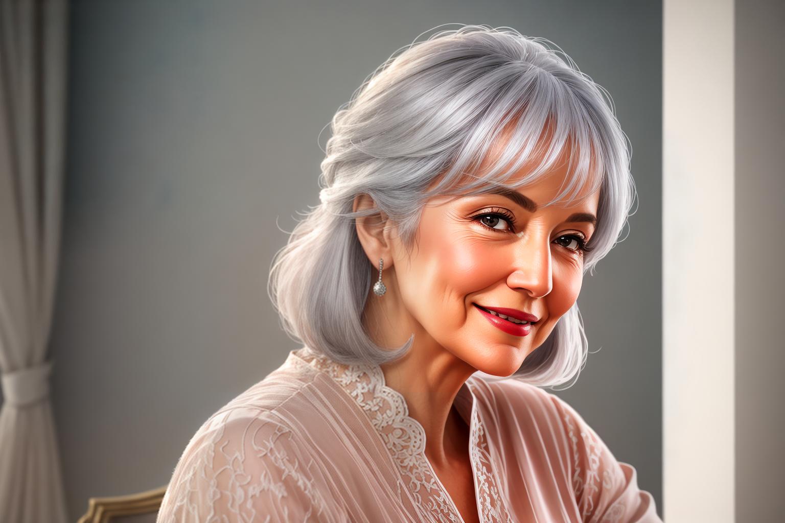  "Closeup of an elegant elderly woman with silver hair, wearing a stylish, comfortable, and well fitted blouse in soft pastel colors. The background is a softly blurred, cozy living room with warm lighting, featuring subtle, tasteful decor that complements the outfit without drawing attention away from it. The image is highly detailed and realistic, capturing the texture of the fabric and the gentle smile on the woman's face. The mood is warm, inviting, and dignified, highlighting the grace and beauty of women over 70. Quality modifiers: ultra realistic, high resolution, professional lighting, soft focus background."Ensure no face,leg,hand or eye defomities.Ensure all images are clear, detailed, contains no text and no deformities. realistic hyperrealistic, full body, detailed clothing, highly detailed, cinematic lighting, stunningly beautiful, intricate, sharp focus, f/1. 8, 85mm, (centered image composition), (professionally color graded), ((bright soft diffused light)), volumetric fog, trending on instagram, trending on tumblr, HDR 4K, 8K