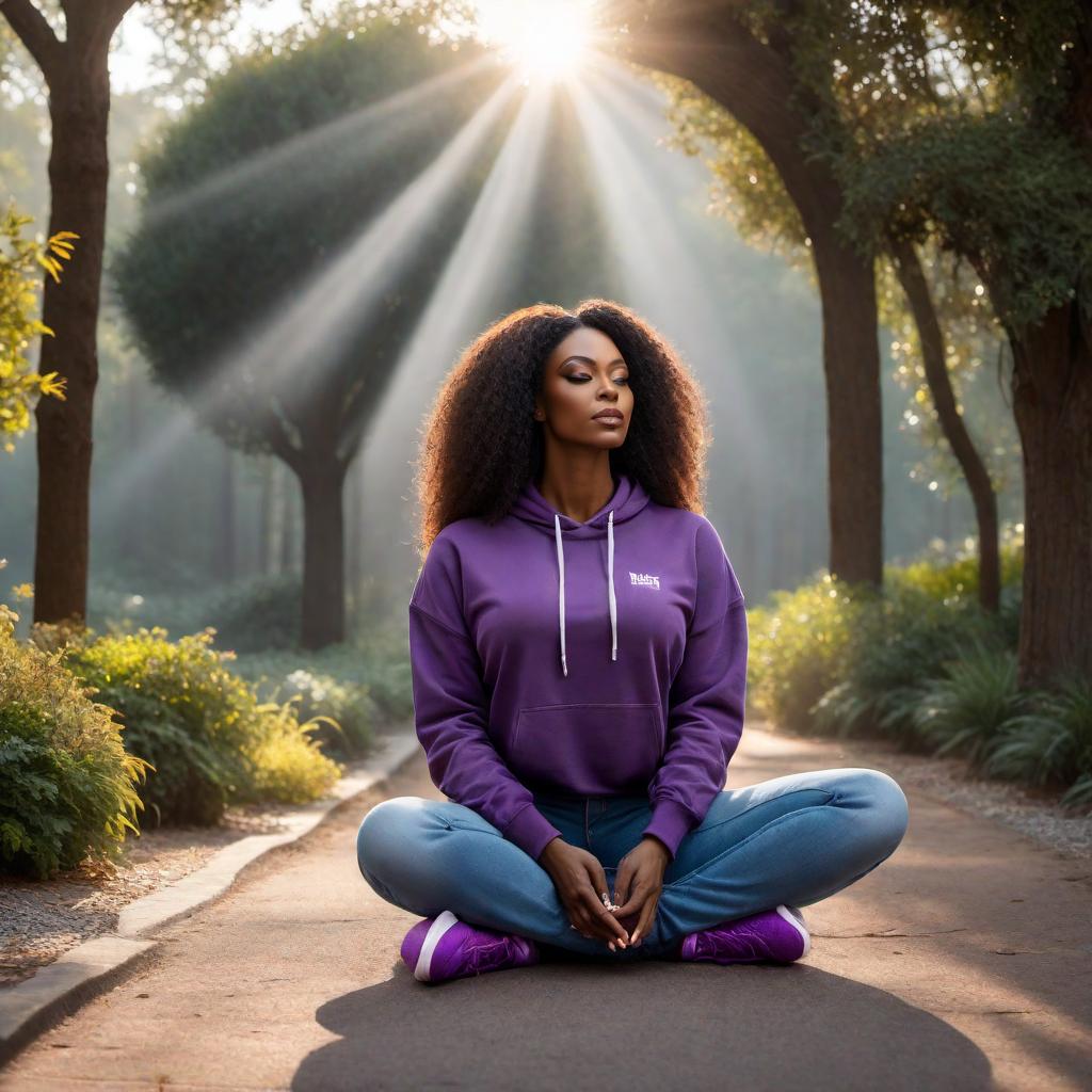  An image of a black woman with long hair on her knees praying, wearing a purple sweatshirt and jeans, with purple sneakers on, with sunshine in the background. hyperrealistic, full body, detailed clothing, highly detailed, cinematic lighting, stunningly beautiful, intricate, sharp focus, f/1. 8, 85mm, (centered image composition), (professionally color graded), ((bright soft diffused light)), volumetric fog, trending on instagram, trending on tumblr, HDR 4K, 8K