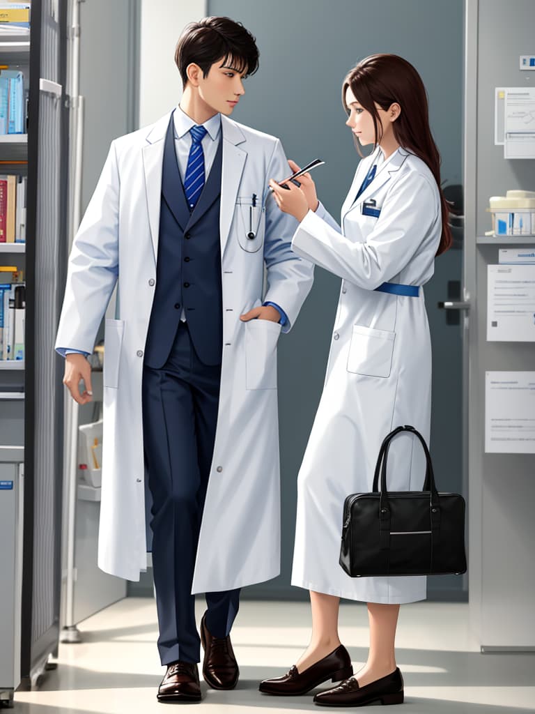  A male doctor is conducting a check up on a fully clothed female patient. The doctor is dressed in medical scrubs and a white lab coat, while the patient is wearing a modest and professional outfit such as a blouse, pants, and closed toe shoes.