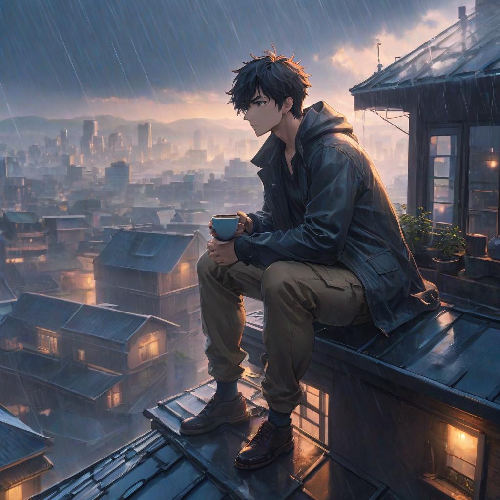  anime artwork A guy is sitting on the roof of a building with a cup of coffee during the rain. . anime style, key visual, vibrant, studio anime, highly detailed hyperrealistic, full body, detailed clothing, highly detailed, cinematic lighting, stunningly beautiful, intricate, sharp focus, f/1. 8, 85mm, (centered image composition), (professionally color graded), ((bright soft diffused light)), volumetric fog, trending on instagram, trending on tumblr, HDR 4K, 8K