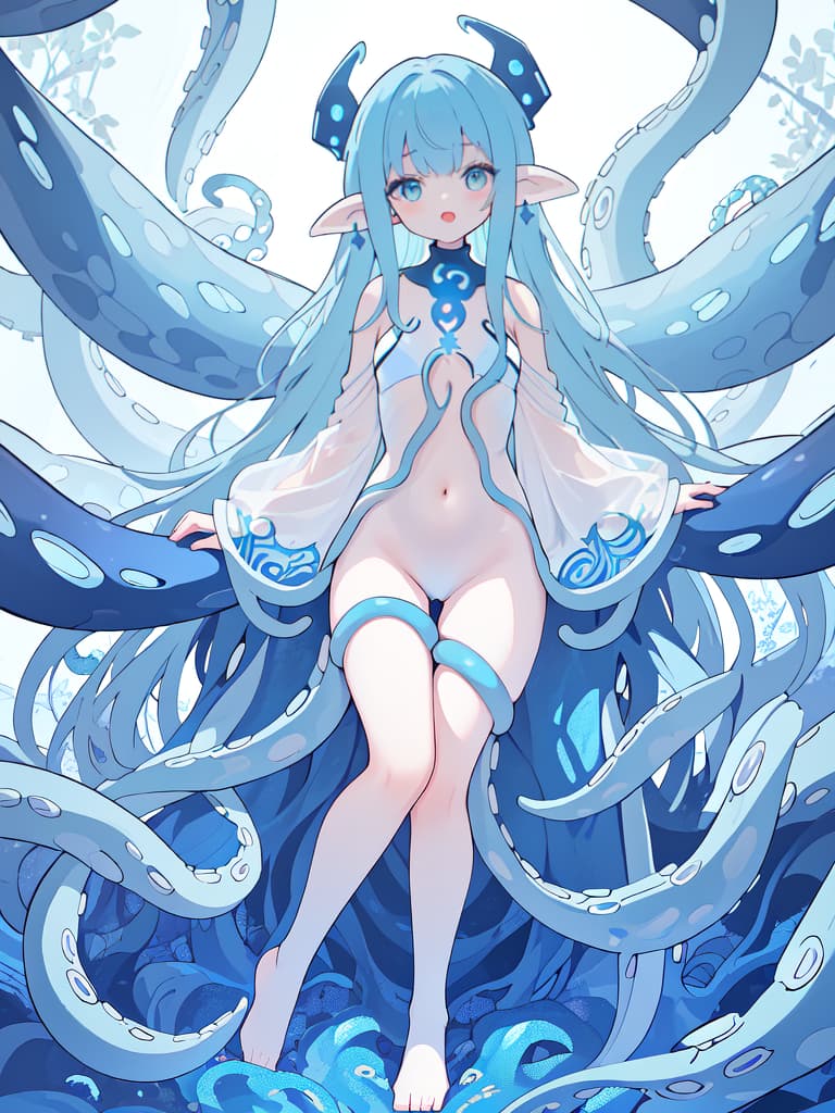  ((full body)),((whole body))、Open mouth,rather large chest、(best quality:1.4、masterpiece:1.4)、((limbs entangled in tentacles、blue hair、body entangled In tentacles、tentacles limb))、American comics style、Thema is White、(ultra detailed beautiful face)、Blue eye shadow、tighty body suit, masterpiece, best quality,8k,ultra detailed,high resolution,an extremely delicate and beautiful,hyper detail