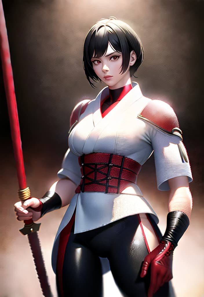  Black hair, berry short hair, beautiful woman, white dress shirt, Japanese samurai red armor, black leather pants, muscles, Japanese swords, head to thighs, (Masterpiece, BestQuality:1.3), (ultra detailed:1.2), (hyperrealistic:1.3), (RAW photo:1.2),High detail RAW color photo, professional photograph, (Photorealistic:1.4), (realistic:1.4), ,professional lighting, (japanese), beautiful face, (realistic face)