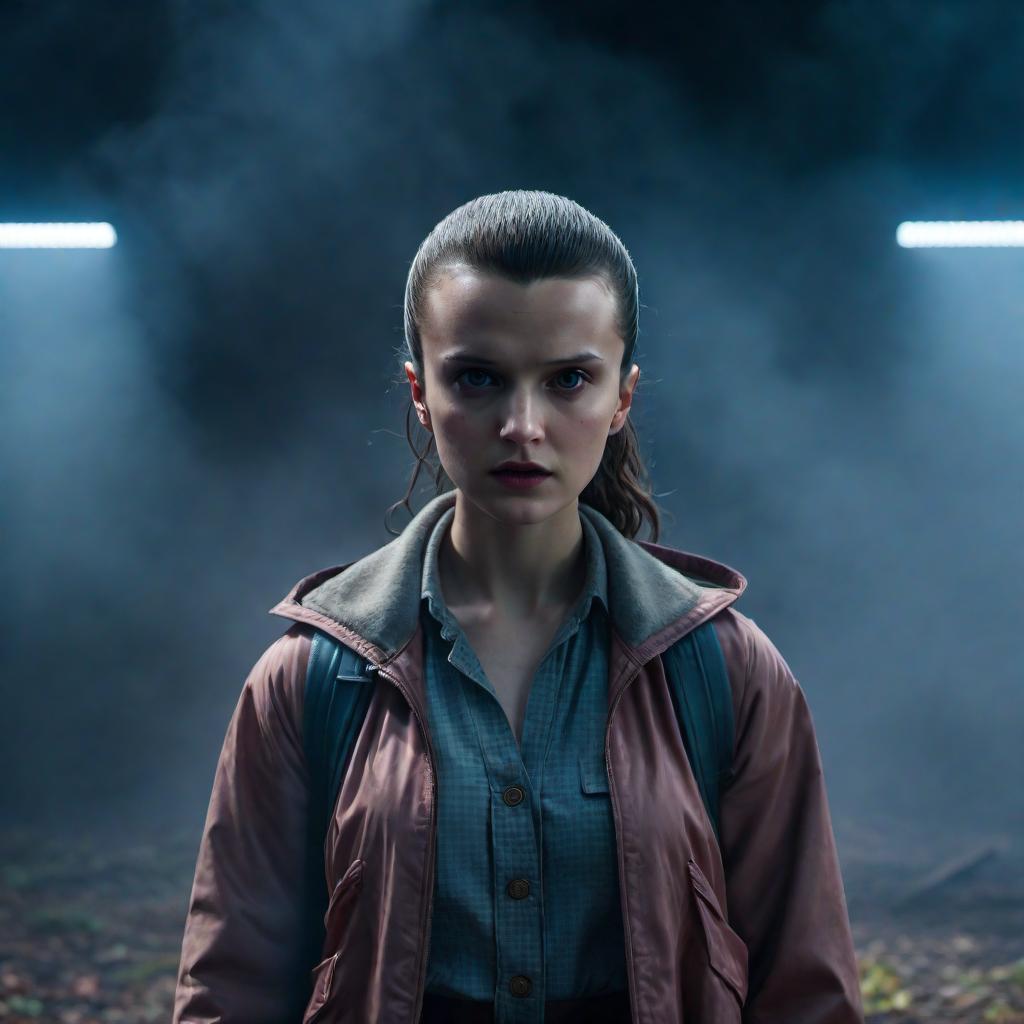  Eleven from Stranger Things, with her iconic look from the show. She should be wearing her typical outfit and showcasing her telekinetic powers. The background should reflect the eerie atmosphere of the series with hints of the Upside Down. hyperrealistic, full body, detailed clothing, highly detailed, cinematic lighting, stunningly beautiful, intricate, sharp focus, f/1. 8, 85mm, (centered image composition), (professionally color graded), ((bright soft diffused light)), volumetric fog, trending on instagram, trending on tumblr, HDR 4K, 8K