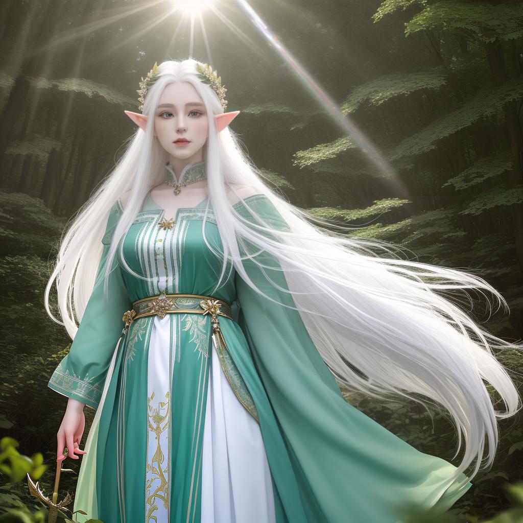  masterpiece, best quality, (masterpiece, best quality, high quality, super detail), realism, 1 sweet , bigger,(side id:1.1), long hair,((white hair)), leaf hair accessory, elf, green eyes, pale skin, ity, jewelry,ity,(look away:1.2),(hair floating:1.3), from the side,(in forest:1.3),(lens flare from right:1.2),full ity (1.9),big 