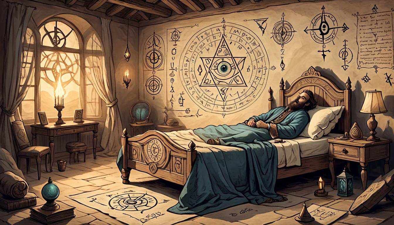  on parchment, surrealism+++, A person waking up in a bed with eyes wide open, room partially lit by the first light of dawn, surrounded by mystical symbols and runes, mystical atmosphere, sense of revelation(mysterious, provocative, symbolic,muted color)+++