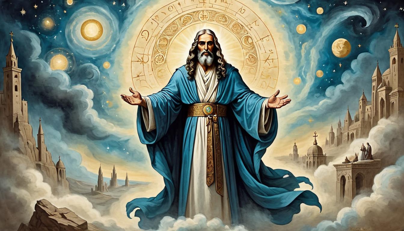  on parchment, surrealism+++, Isaiah in flowing robes, intense gaze upwards, celestial background shimmering with divine symbols, solemn, prophetic aura(mysterious, provocative, symbolic,muted color)+++