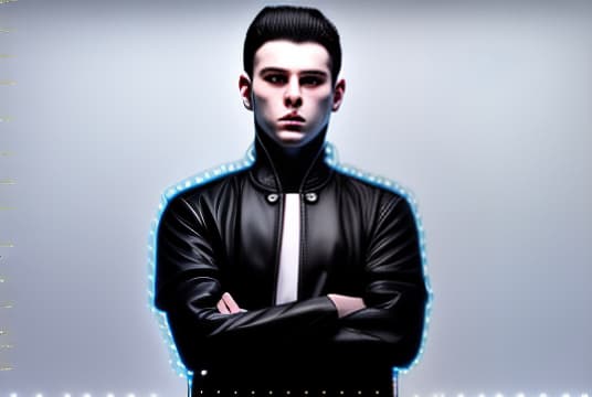 mdjrny-v4 style Anime style portrait of a young man with short, spiky black hair and blue eyes. He is wearing a black jacket over a white shirt, paired with dark jeans and combat boots. The background features an urban cityscape at dusk, illuminated by neon lights. Detailed and expressive, with a confident and determined look.