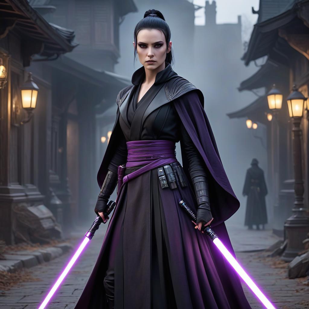  macabre style A young Jedi with pale skin, black hair tied in a ponytail, shaved cheeks, dark eyes, a black cloak, and two purple lightsabers in a combat stance.блсфлчедиарнербелби . dark, gothic, grim, haunting, highly detailed hyperrealistic, full body, detailed clothing, highly detailed, cinematic lighting, stunningly beautiful, intricate, sharp focus, f/1. 8, 85mm, (centered image composition), (professionally color graded), ((bright soft diffused light)), volumetric fog, trending on instagram, trending on tumblr, HDR 4K, 8K