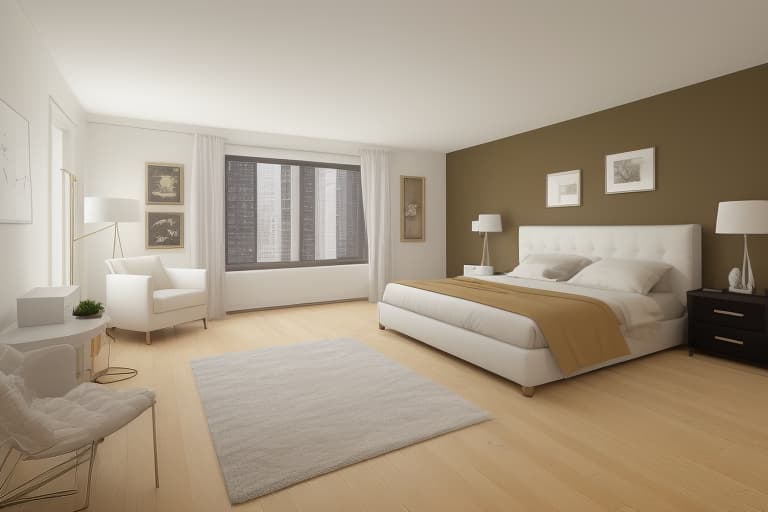  Bed Room, Peaceful, cozy, relaxation, sleep, comfort. The room in the image reflects a modern art gallery theme, blending minimalist furniture with bold and abstract wall art. Modern art gallery themed living room with a sleek white sofa, abstract wall art, golden floor lamp, and minimalist furniture. modern art, gallery theme, minimalist furniture, abstract wall art, sleek white sofa, golden floor lamp, living room