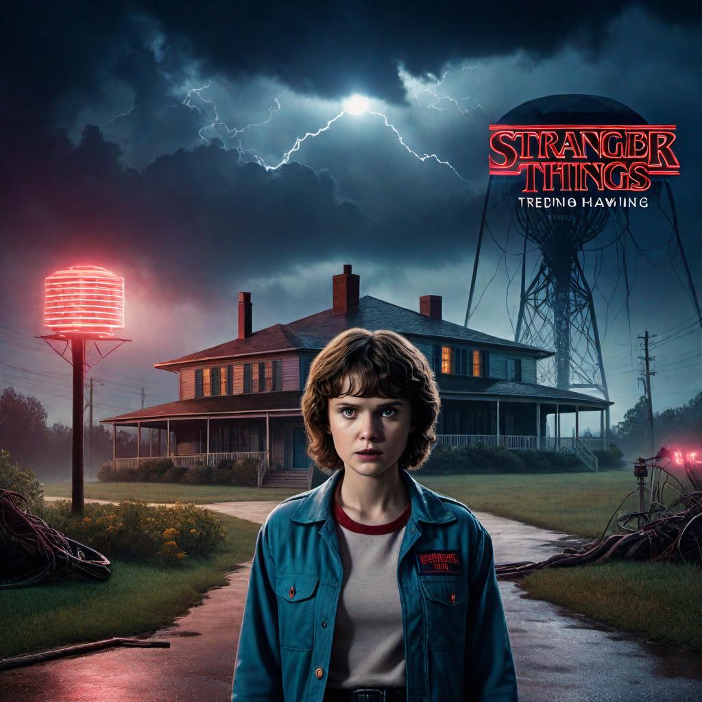  A unique drawing of Stranger Things. Show the eerie small town of Hawkins under a dark, stormy sky. The Upside Down should be mirroring the town below it with its creepy and twisted landscape. The main characters like Eleven, Mike, Dustin, and Lucas in the foreground, looking determined with flashlights and walkie-talkies. In the background, show the Hawkins National Laboratory and the Demogorgon lurking in the shadows. Use a vintage, 80s-inspired color palette and style. hyperrealistic, full body, detailed clothing, highly detailed, cinematic lighting, stunningly beautiful, intricate, sharp focus, f/1. 8, 85mm, (centered image composition), (professionally color graded), ((bright soft diffused light)), volumetric fog, trending on instagram, trending on tumblr, HDR 4K, 8K