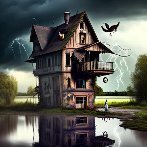 estilovintedois a cuckoo clock, people working, cats playing with children. abandoned buildings and structures, a dried-up river, dark clouds, lightning