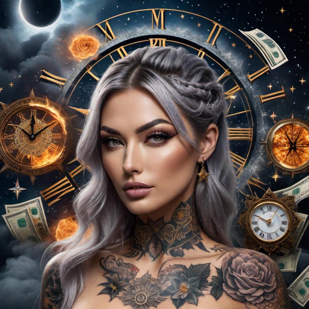  A tattoo design featuring the name 'Jaime' surrounded by stars, an exploding clock, calendar years, and burning money. hyperrealistic, full body, detailed clothing, highly detailed, cinematic lighting, stunningly beautiful, intricate, sharp focus, f/1. 8, 85mm, (centered image composition), (professionally color graded), ((bright soft diffused light)), volumetric fog, trending on instagram, trending on tumblr, HDR 4K, 8K