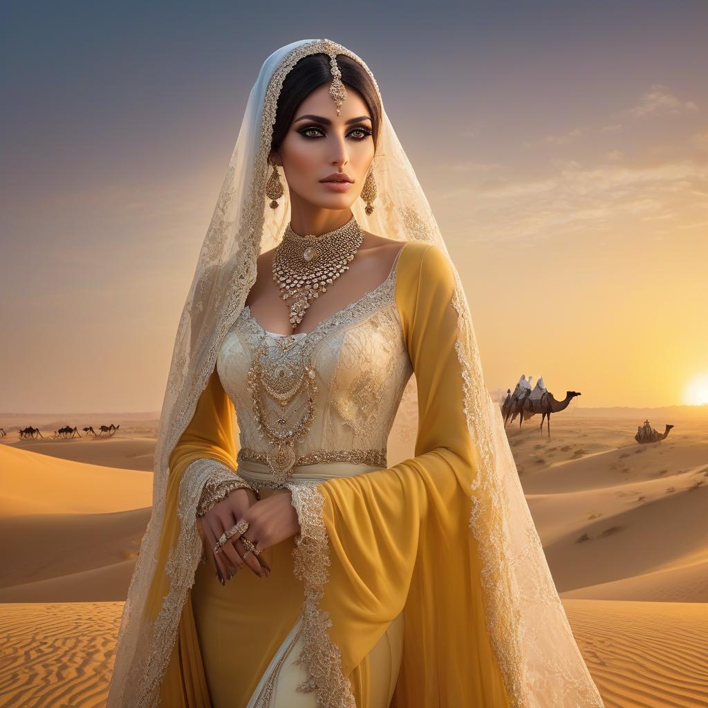  gothic style A woman in elaborate jewelry and a bright veil is intently watching as a caravan of camels crosses the desert, with the sunset behind her. A masterpiece. (Desert + dunes). (The main background a yellow orange gradient). (In the background, a sheikh's castle). (In the foreground on the right, a caravan of camels + Arabs). (In the foreground on the left, a beautiful Iranian woman with beautiful black eyes). (On the Iranian woman, beautiful clothing + expensive jewelry). (On the Iranian woman's face, a lace veil, she's holding it with her hand). (The most beautiful photo in the world.) . dark, mysterious, haunting, dramatic, ornate, detailed hyperrealistic, full body, detailed clothing, highly detailed, cinematic lighting, stunningly beautiful, intricate, sharp focus, f/1. 8, 85mm, (centered image composition), (professionally color graded), ((bright soft diffused light)), volumetric fog, trending on instagram, trending on tumblr, HDR 4K, 8K