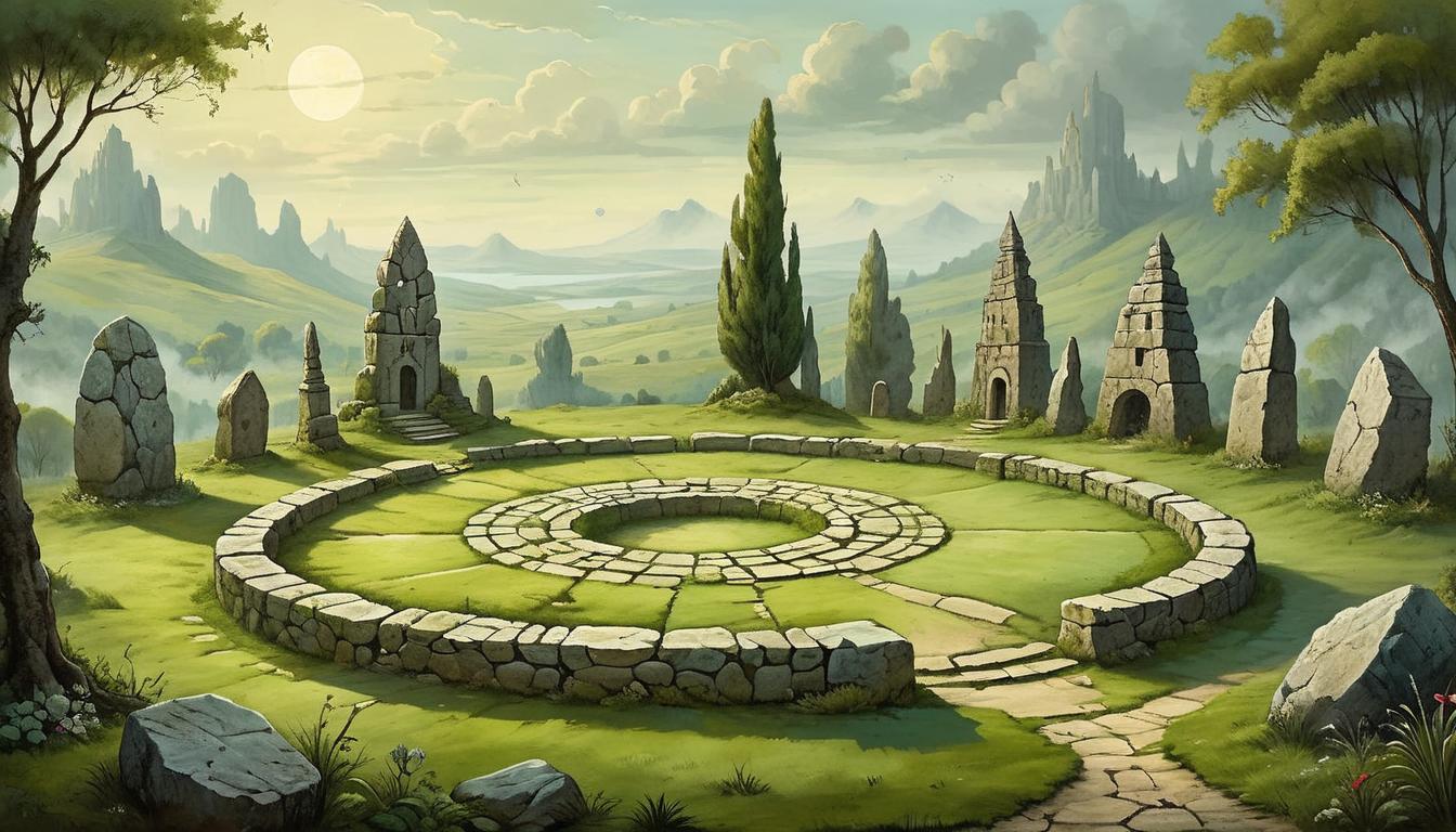  on parchment, surrealism+++, A circle of ancient stones, weathered but strong, surrounded by lush, green landscape, sense of community and support(mysterious, provocative, symbolic,muted color)+++