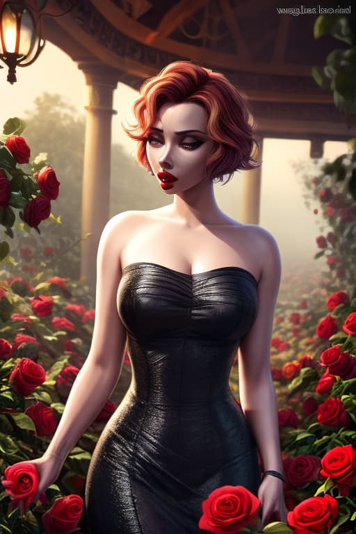  Ultra realistic picture, full lenght picture, Scarlett Johansson, amazing , beautiful , dark make up, pale skin, beautiful face, short haircut, ultra short dress, deep age, ful, carmin red lips, medium s, on, slip, , dressed ladies, crowded place, ladies around, crowded rose garden, Summer heat hyperrealistic, full body, detailed clothing, highly detailed, cinematic lighting, stunningly beautiful, intricate, sharp focus, f/1. 8, 85mm, (centered image composition), (professionally color graded), ((bright soft diffused light)), volumetric fog, trending on instagram, trending on tumblr, HDR 4K, 8K