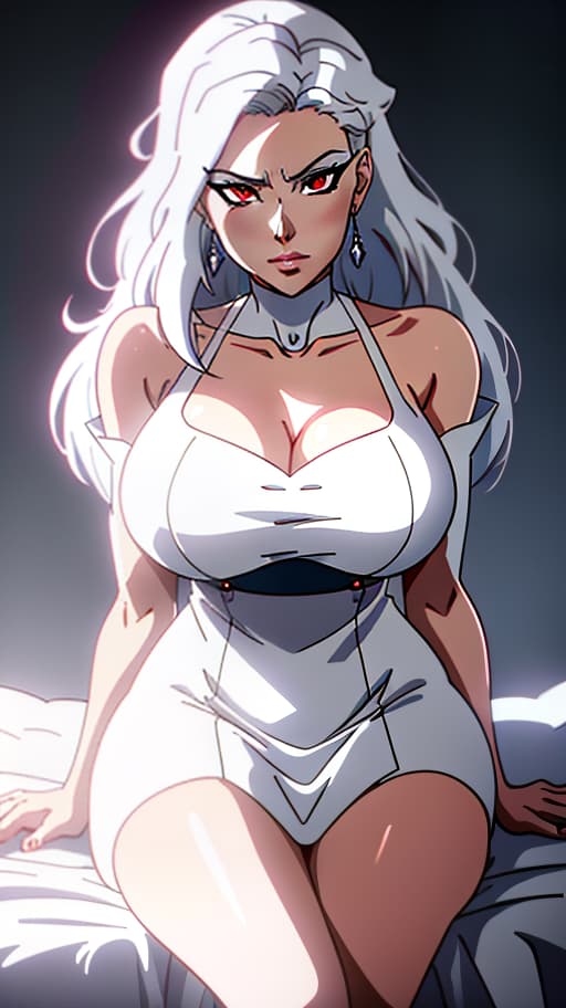  A , anime style, white hair, red eyes, white dress, sitting on her , large s, bared s, , high quality, masterpiece, big s, juicy s., Manga big eyes expressive faces colorful hair Hayao Miyazaki Masashi Kishimoto Makoto Shinkai CLAMP Yoshiyuki Sadamoto hyperrealistic, full body, detailed clothing, highly detailed, cinematic lighting, stunningly beautiful, intricate, sharp focus, f/1. 8, 85mm, (centered image composition), (professionally color graded), ((bright soft diffused light)), volumetric fog, trending on instagram, trending on tumblr, HDR 4K, 8K