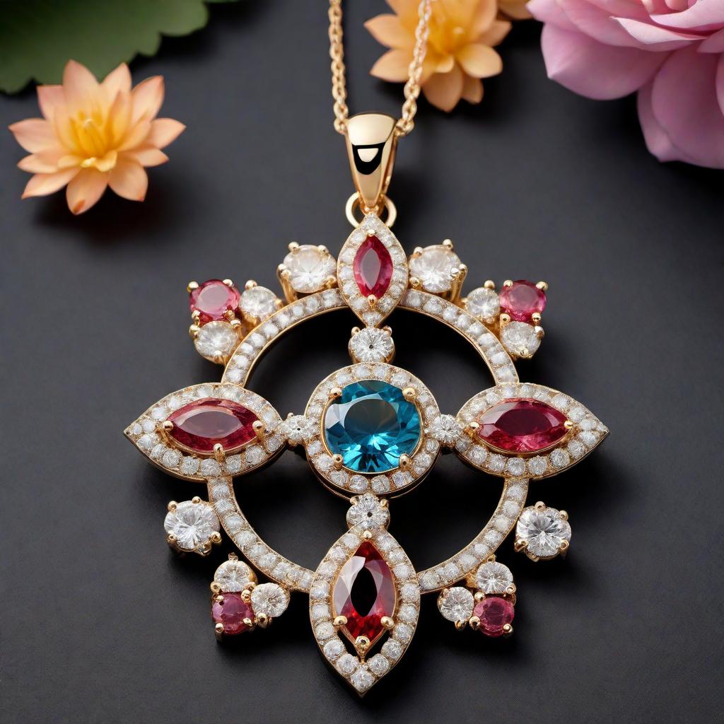  A peace symbol pendant designed with flower-shaped stone settings. The pendant features a combination of round cut, trillion cut, and marquise cut gemstones. The stones are strategically placed to form flower patterns around the peace symbol. The overall appearance should be elegant and harmonious, with the different cuts of the stones enhancing the design. hyperrealistic, full body, detailed clothing, highly detailed, cinematic lighting, stunningly beautiful, intricate, sharp focus, f/1. 8, 85mm, (centered image composition), (professionally color graded), ((bright soft diffused light)), volumetric fog, trending on instagram, trending on tumblr, HDR 4K, 8K