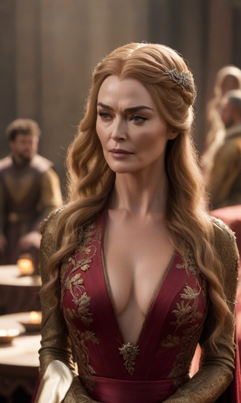  Game of Thrones: Cersei Lannister in all her height hyperrealistic, full body, detailed clothing, highly detailed, cinematic lighting, stunningly beautiful, intricate, sharp focus, f/1. 8, 85mm, (centered image composition), (professionally color graded), ((bright soft diffused light)), volumetric fog, trending on instagram, trending on tumblr, HDR 4K, 8K