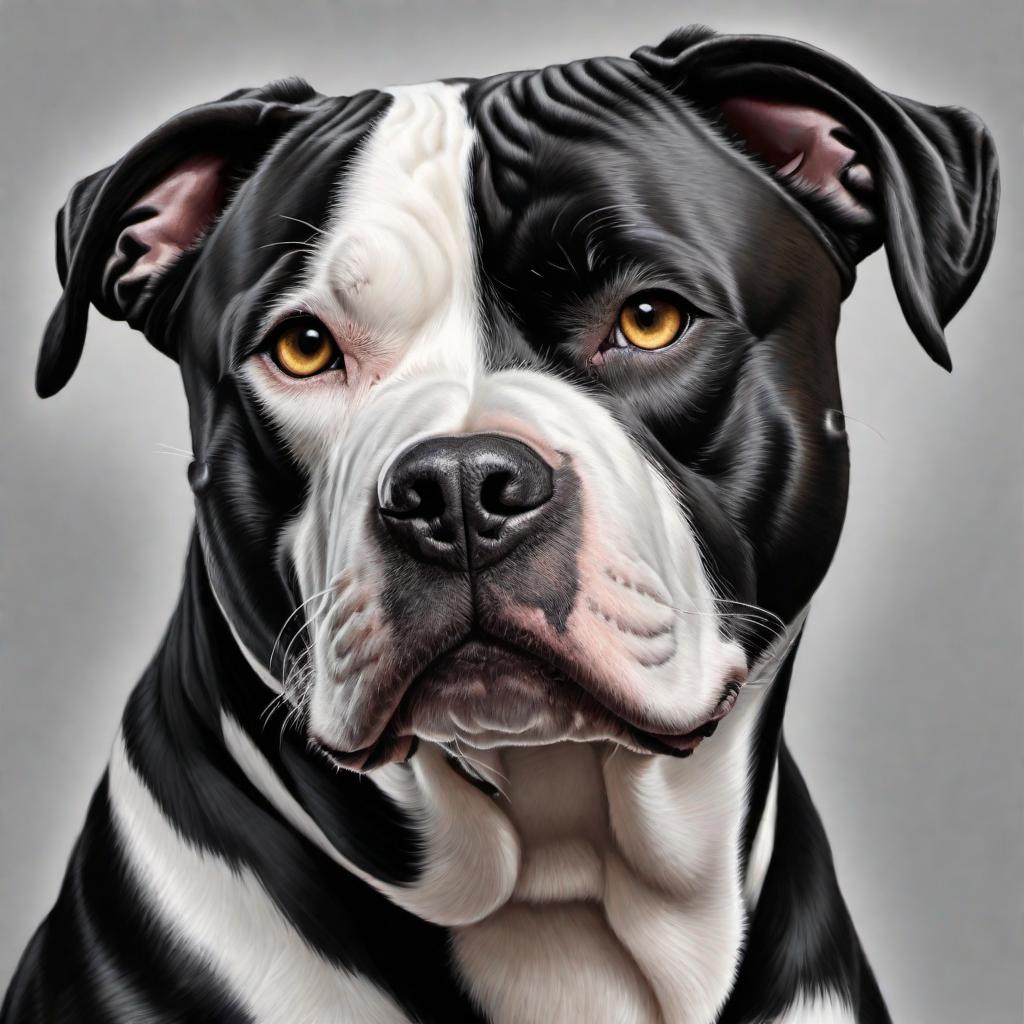  Draw a picture of a black and white Pitbull Stafford Sharrior. hyperrealistic, full body, detailed clothing, highly detailed, cinematic lighting, stunningly beautiful, intricate, sharp focus, f/1. 8, 85mm, (centered image composition), (professionally color graded), ((bright soft diffused light)), volumetric fog, trending on instagram, trending on tumblr, HDR 4K, 8K