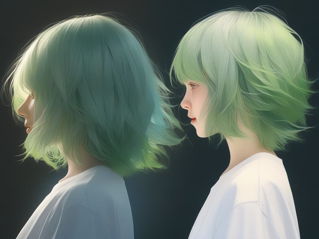  Green hair girl, profile, white T shirt, summer, whole body, masterpiece, best quality,8k,ultra detailed,high resolution,an extremely delicate and beautiful,hyper detail