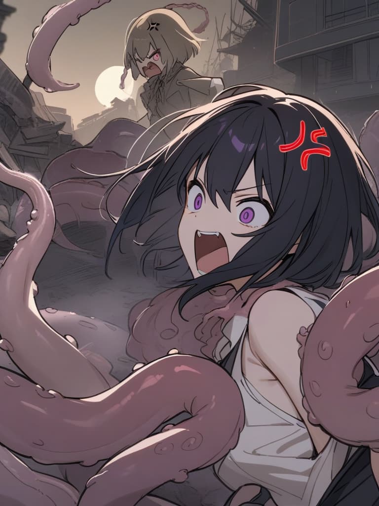  A girl fused with a tentacle,((Tentacles coming out of the back,beige Tentacles,beige feeler,beige sharp tentacle))1.8,((Anger,screaming,hatred))1.2,murderous intent,mouths open,running,tattered clothes,rubble,collapsed buildings,cool girl,Black hair,(purple eyes),short,cropped hair,crescent moon hair ornament, masterpiece, best quality,8k,ultra detailed,high resolution,an extremely delicate and beautiful,hyper detail