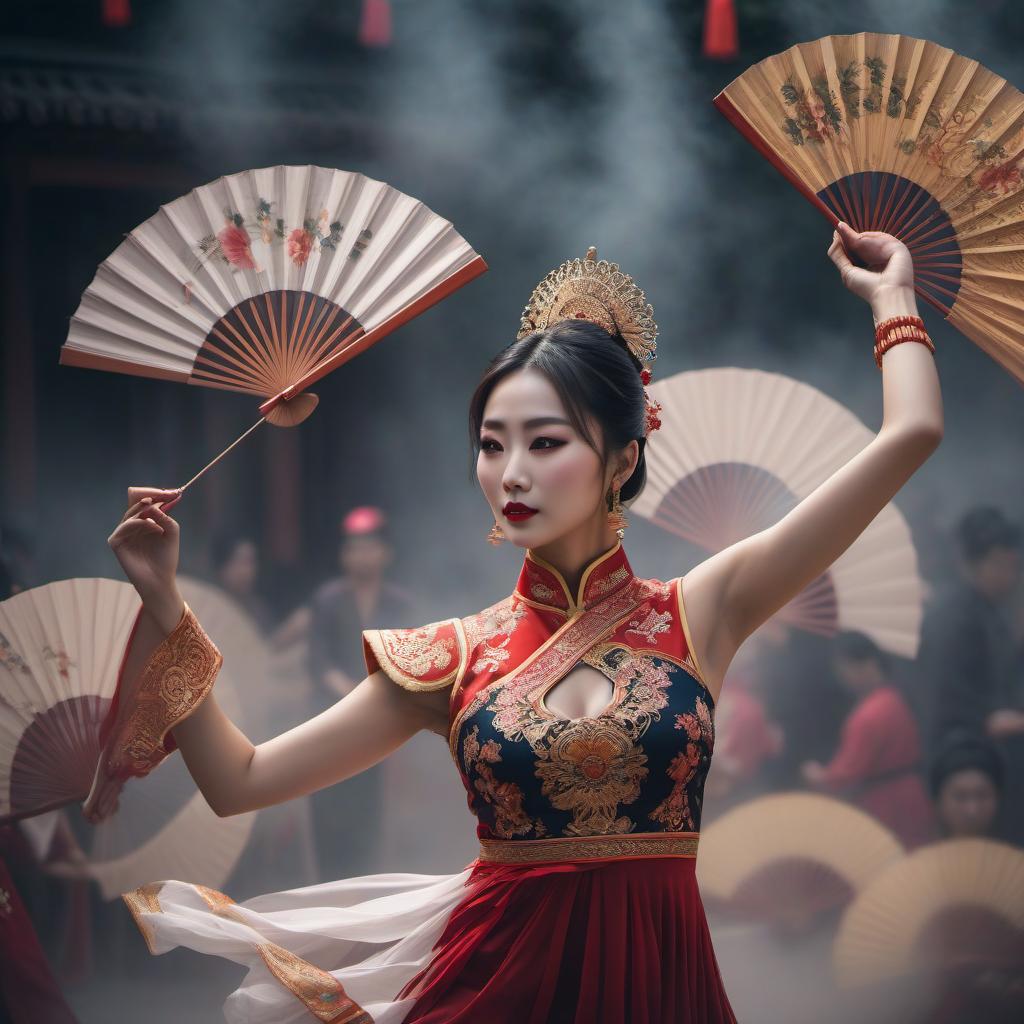  A girl is dancing a Chinese fan dance. hyperrealistic, full body, detailed clothing, highly detailed, cinematic lighting, stunningly beautiful, intricate, sharp focus, f/1. 8, 85mm, (centered image composition), (professionally color graded), ((bright soft diffused light)), volumetric fog, trending on instagram, trending on tumblr, HDR 4K, 8K