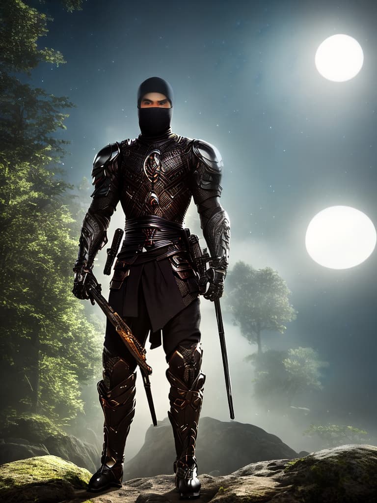  A ninja boy who standing in the night under the moon hyperrealistic, full body, detailed clothing, highly detailed, cinematic lighting, stunningly beautiful, intricate, sharp focus, f/1. 8, 85mm, (centered image composition), (professionally color graded), ((bright soft diffused light)), volumetric fog, trending on instagram, trending on tumblr, HDR 4K, 8K