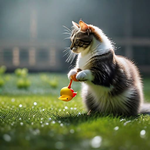  a cat fighting a duck with a toy hyperrealistic, full body, detailed clothing, highly detailed, cinematic lighting, stunningly beautiful, intricate, sharp focus, f/1. 8, 85mm, (centered image composition), (professionally color graded), ((bright soft diffused light)), volumetric fog, trending on instagram, trending on tumblr, HDR 4K, 8K