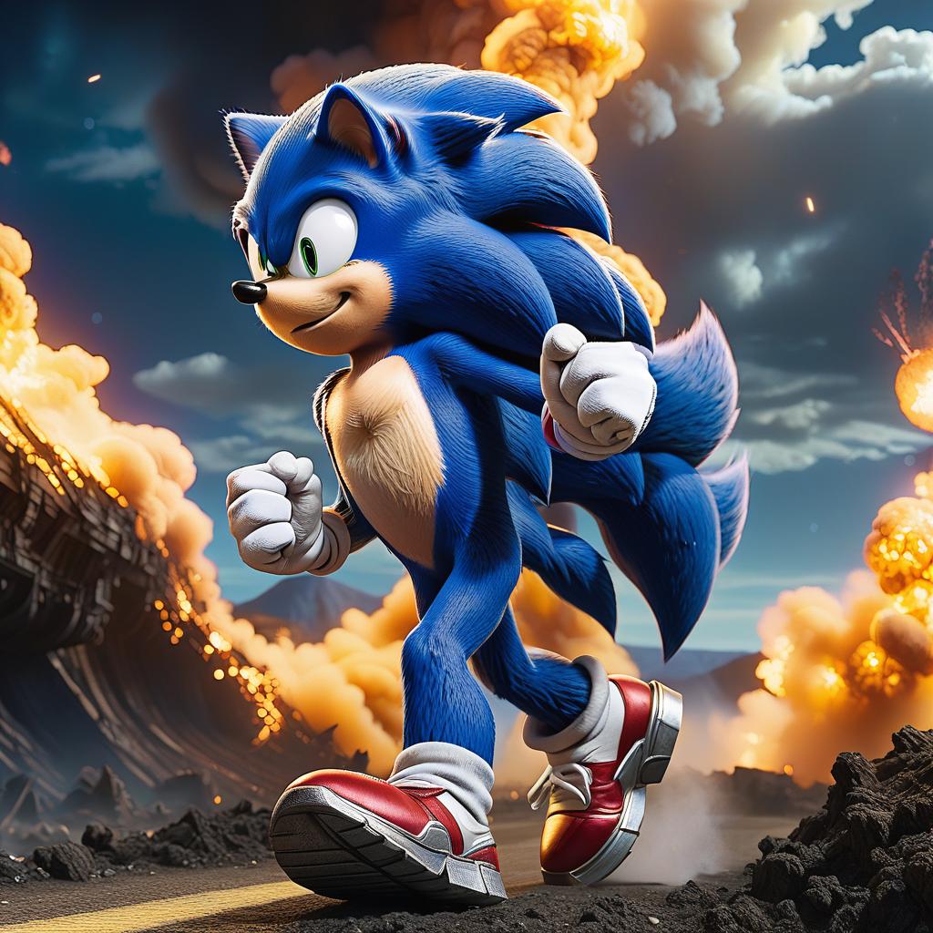  A hyper detailed Sonic runs along a cosmic highway, from the movie Sonic, megastar, ferocious, hyperrealistic, art, digital art, fantastic fantasy, detailed drawing, high resolution, medium shot, full length, 128k, photo realism, bright lighting, hyper detailing of eyes and details, cinematic, with a smoldering yellow smoke in the background, a ruined planet on fire, stars, a shining fragment of the moon. hyperrealistic, full body, detailed clothing, highly detailed, cinematic lighting, stunningly beautiful, intricate, sharp focus, f/1. 8, 85mm, (centered image composition), (professionally color graded), ((bright soft diffused light)), volumetric fog, trending on instagram, trending on tumblr, HDR 4K, 8K