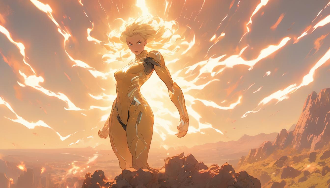  hyperrealism,fantasy aesthetic1woman, large busted attractive blonde arian female humanoid, standing on a hilltop, arms raised towards the sky, light beams connecting her to surrounding humanoids, ethereal light, high tech clothing clad in sleek, futuristic costume with metallic accents and form fitting designs, marvel superhero comics style, unreal engine rendering