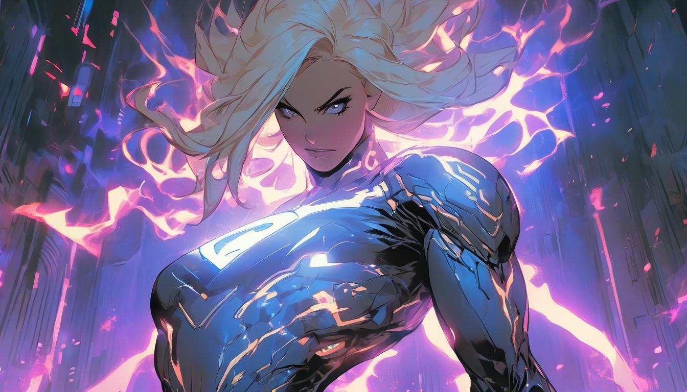  hyperrealism,fantasy aesthetic1woman, large busted attractive blonde arian female humanoid, glowing aura, standing firm, illuminated from within, unwavering stance, high tech clothing clad in sleek, futuristic costume with metallic accents and form fitting designs, marvel superhero comics style, unreal engine rendering