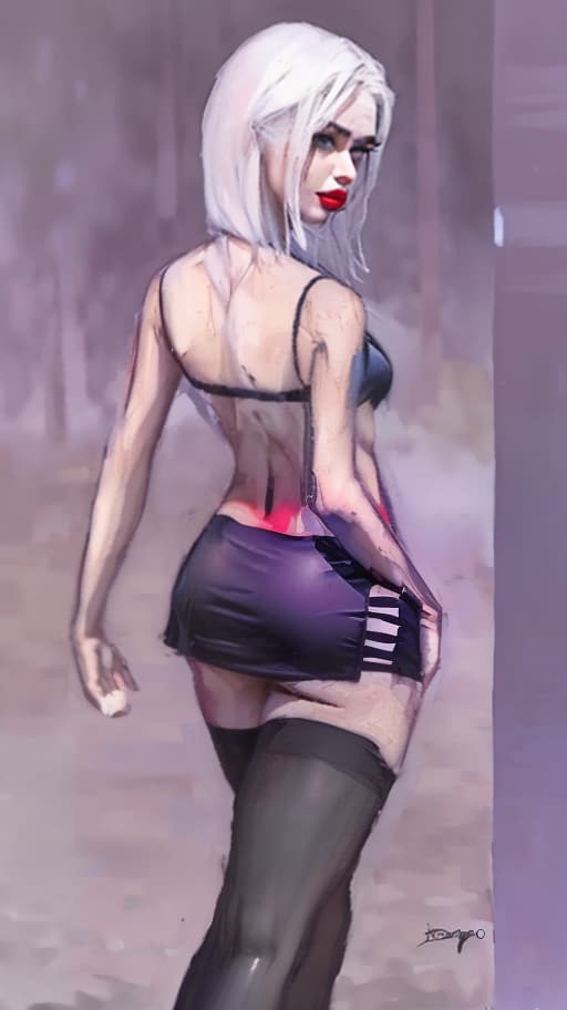  4K, realism, forest in the background, faint rain, beautiful girl, medium length light hair, black form fitting miniskirt, black crop top, black stockings, high heels, bare back, bare shoulders, slender waist, full hips, large bust, smoky makeup, wide lips, lipstick, Photorealistic, Hyperrealistic, Hyperdetailed, analog style, demure, detailed skin, pores, smirk, smiling eyes, matte skin, soft lighting, subsurface scattering, realistic, heavy shadow, masterpiece, best quality, ultra realistic, 8k, golden ratio, Intricate, High Detail, film photography, soft focus hyperrealistic, full body, detailed clothing, highly detailed, cinematic lighting, stunningly beautiful, intricate, sharp focus, f/1. 8, 85mm, (centered image composition), (professionally color graded), ((bright soft diffused light)), volumetric fog, trending on instagram, trending on tumblr, HDR 4K, 8K