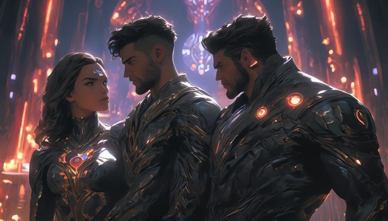  hyperrealism,fantasy aesthetic1man1woman, large busted attractive brunette arian female humanoid and handsome male humanoid, around a dimly glowing altar, mystical symbols, aura of control, subdued and dark, high tech clothing clad in sleek, futuristic costume with metallic accents and form fitting designs, marvel superhero comics style, unreal engine rendering