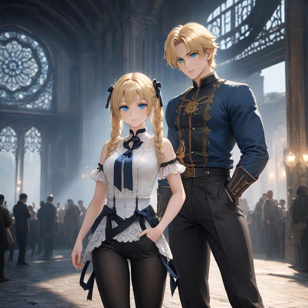  A with her has blond hair tied in two pigtails with black ribbons, blue eyes, a white lace , a medallion, black pants. Nearby, a boy with him has blond hair, blue eyes, a white lace , a medallion, black pants. hyperrealistic, full body, detailed clothing, highly detailed, cinematic lighting, stunningly beautiful, intricate, sharp focus, f/1. 8, 85mm, (centered image composition), (professionally color graded), ((bright soft diffused light)), volumetric fog, trending on instagram, trending on tumblr, HDR 4K, 8K