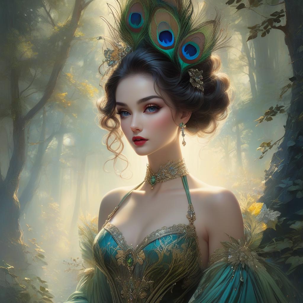  Art Nouveau style Sakimichan, Jeremy Mann, Louis Icart, Makoto Kobayashi. Digital art wonderful girl, dress with straps, fantastic face, caucasian, beautiful look, detailed hair, ultra focus, face ilumined, face detailed, 8k resolution, painted, dry brush, brush strokes, razumov style and garmash style, Fairytale. Rolf Armstrong, Ray Caesar, Fragonard. Surrealism, hyperrealism. Detailed face, perfect face, perfect clear eyes, perfect lips. Insanely detailed. Luminous dreamlike painting, soft rim lighting, cinematic lighting, beautiful colors. Ultra detailed close up portrait of a bioluminescent peacock princess. Dark forest background, stardust, moonlight. . elegant, decorative, curvilinear forms, nature inspired, ornate, detailed hyperrealistic, full body, detailed clothing, highly detailed, cinematic lighting, stunningly beautiful, intricate, sharp focus, f/1. 8, 85mm, (centered image composition), (professionally color graded), ((bright soft diffused light)), volumetric fog, trending on instagram, trending on tumblr, HDR 4K, 8K