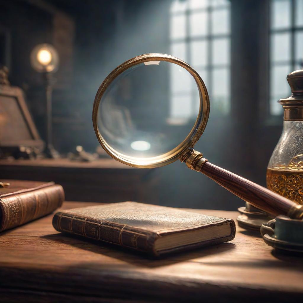  The magnifying glass that lies on the table hyperrealistic, full body, detailed clothing, highly detailed, cinematic lighting, stunningly beautiful, intricate, sharp focus, f/1. 8, 85mm, (centered image composition), (professionally color graded), ((bright soft diffused light)), volumetric fog, trending on instagram, trending on tumblr, HDR 4K, 8K